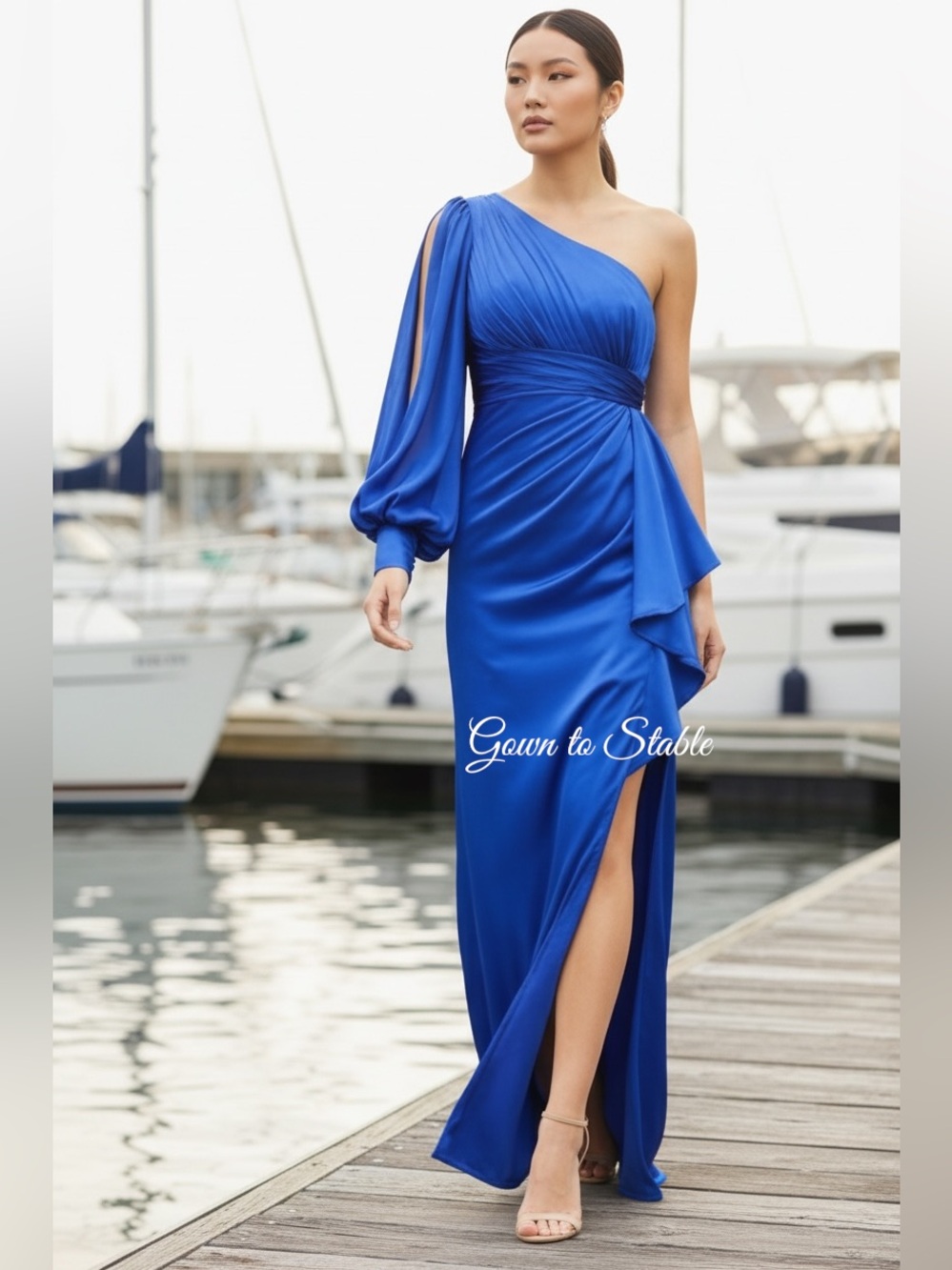 Mac Duggal by Ieena One Shoulder Bishop Sleeve Gown